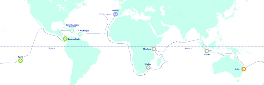 Routenkarte der Großen Weltreise 2027/28 mit Lissabon, Martinique, Dominikanischer Republik, Panama-Stadt, Tahiti, Sydney, Jakarta, Mombasa und Durban